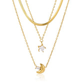 Moon & Star Triple Layer Necklace – 18K Gold PVD Stainless Steel