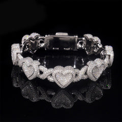 S925 Silver Moissanite Heart Cuban Bracelet