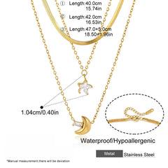 Moon & Star Triple Layer Necklace – 18K Gold PVD Stainless Steel