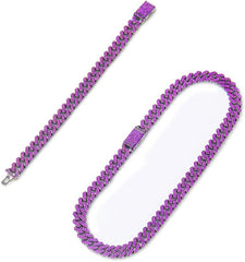 Purple Iced Out  Cuban Chain Necklace & Bracelet 12mm