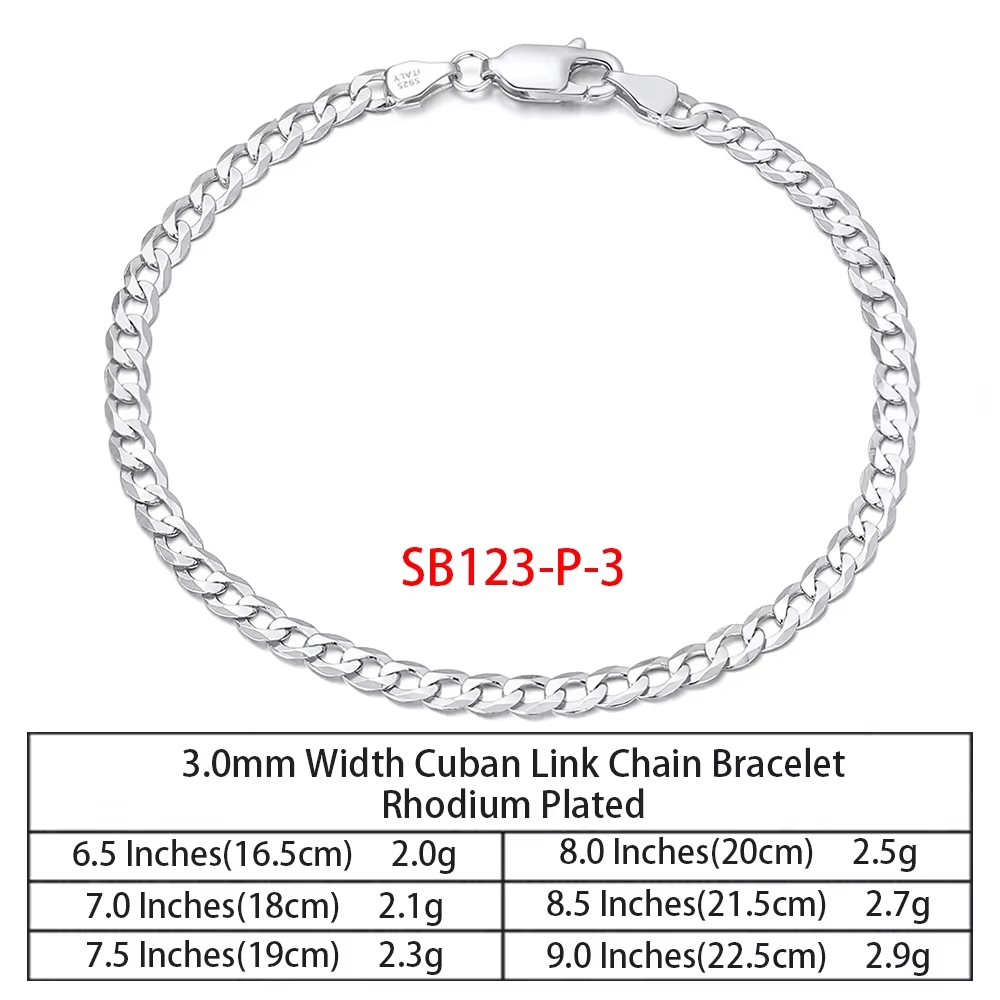 3mm 925 Sterling Silver Cuban Link Chain Bracelet– Non-Tarnish Jewelry for Everyday Wear&Gift