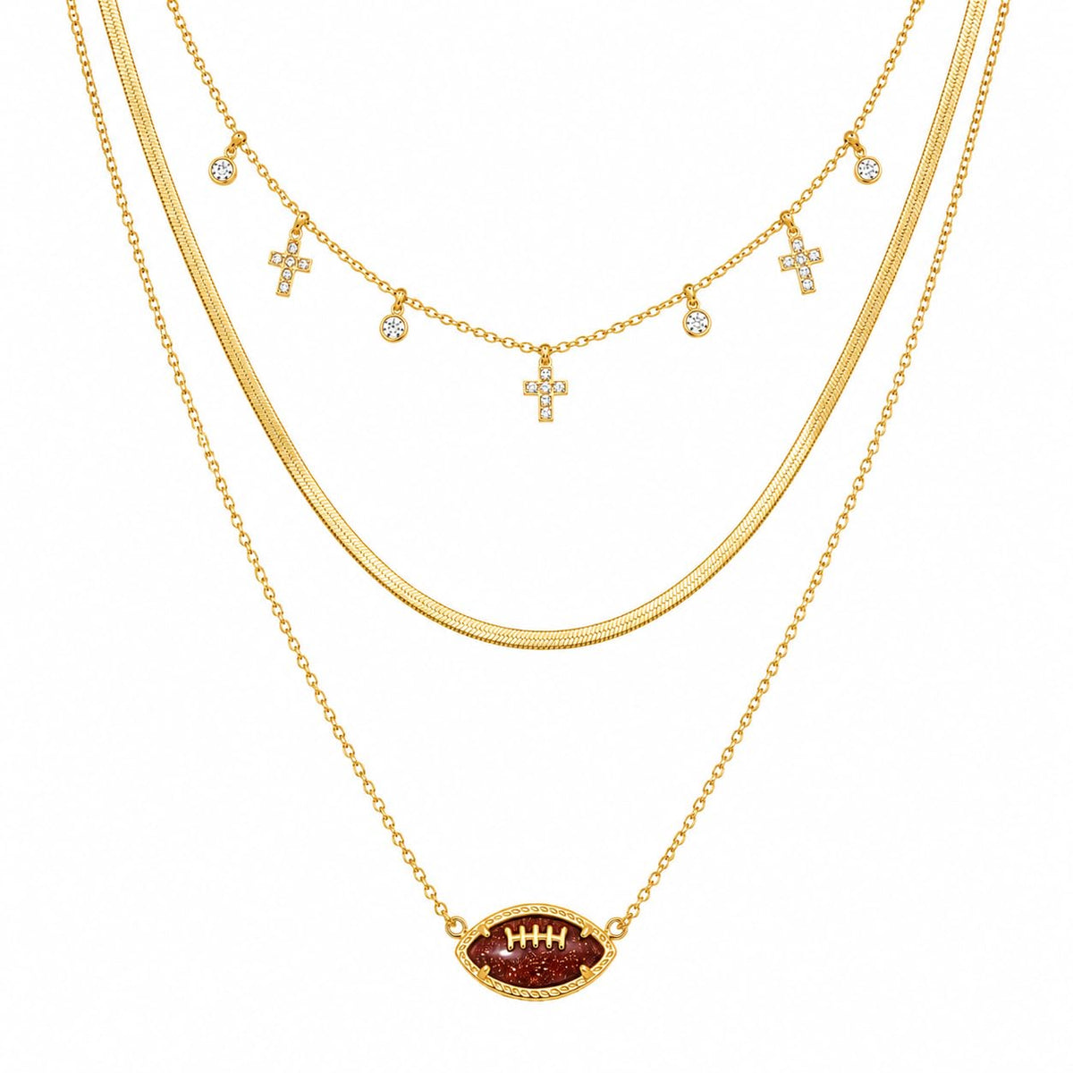 Women's Gold Football Layered Necklace – Cross Charm Game Day Fan Jewelry Gift