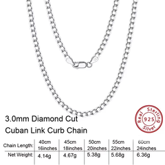 3mm S925 Sterling Silver Cuban Link Chain– Necklace for Daily Wear & Gift