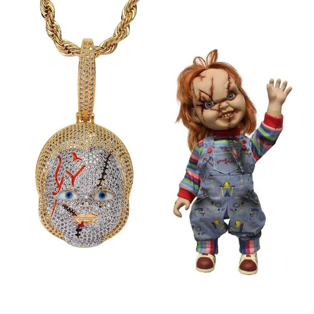 Iced Out Horror Doll Pendant Necklace – Scary Rapper Chain for Halloween Gift