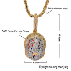 Iced Out Horror Doll Pendant Necklace – Scary Rapper Chain for Halloween Gift