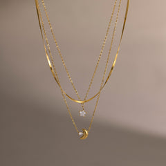 Moon & Star Triple Layer Necklace – 18K Gold PVD Stainless Steel