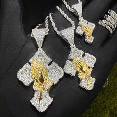 Two-Tone Praying Hands Cross Pendant Necklace – 24" Rope Chain, Micro-Pave CZ, Hip-Hop Style