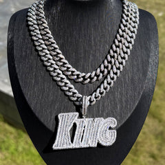 Sliver KING Letter Pendant Necklace with Cuban Link Chain Iced Out Jewelry for Men