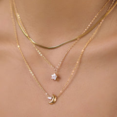 Moon & Star Triple Layer Necklace – 18K Gold PVD Stainless Steel