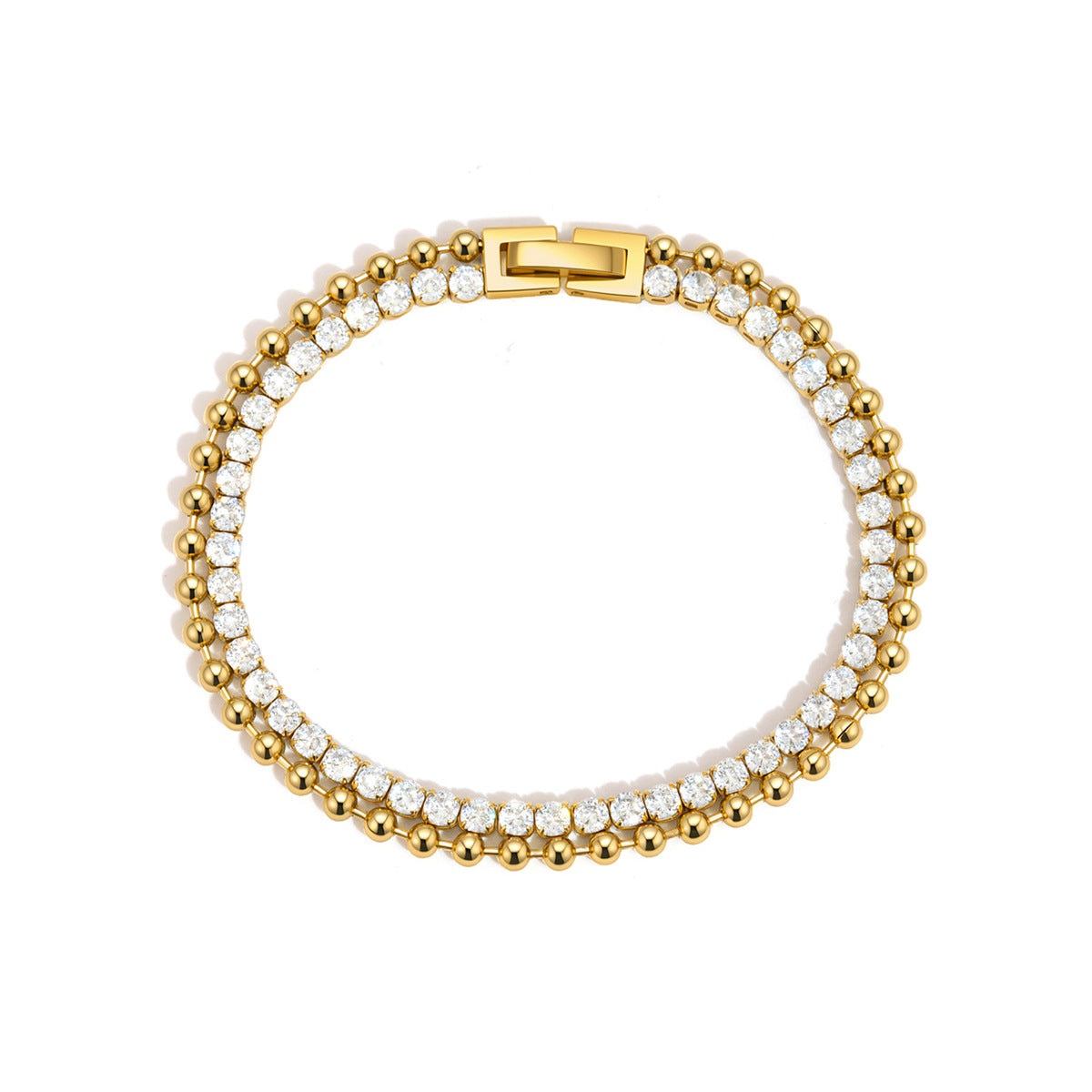 Double Row Tennis Bracelet – Sparkling CZ & Gold Bead Design