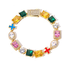 Iced Out Multicolor Gemstone Tennis  Bracelet with Cross Charm