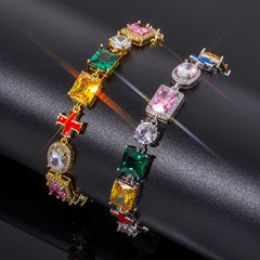 Iced Out Multicolor Gemstone Tennis  Bracelet with Cross Charm