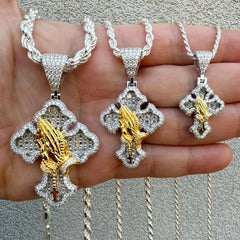 Two-Tone Praying Hands Cross Pendant Necklace – 24" Rope Chain, Micro-Pave CZ, Hip-Hop Style