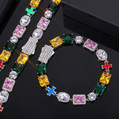 Iced Out Multicolor Gemstone Tennis  Bracelet with Cross Charm