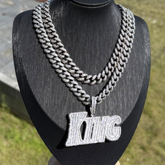 Sliver KING Letter Pendant Necklace with Cuban Link Chain Iced Out Jewelry for Men