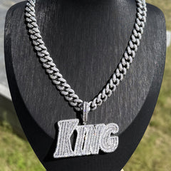 Sliver KING Letter Pendant Necklace with Cuban Link Chain Iced Out Jewelry for Men