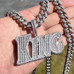 Sliver KING Letter Pendant Necklace with Cuban Link Chain Iced Out Jewelry for Men