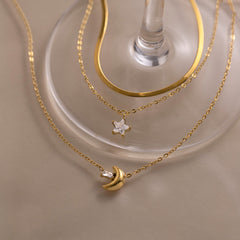 Moon & Star Triple Layer Necklace – 18K Gold PVD Stainless Steel