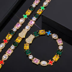 Iced Out Multicolor Gemstone Tennis  Bracelet with Cross Charm