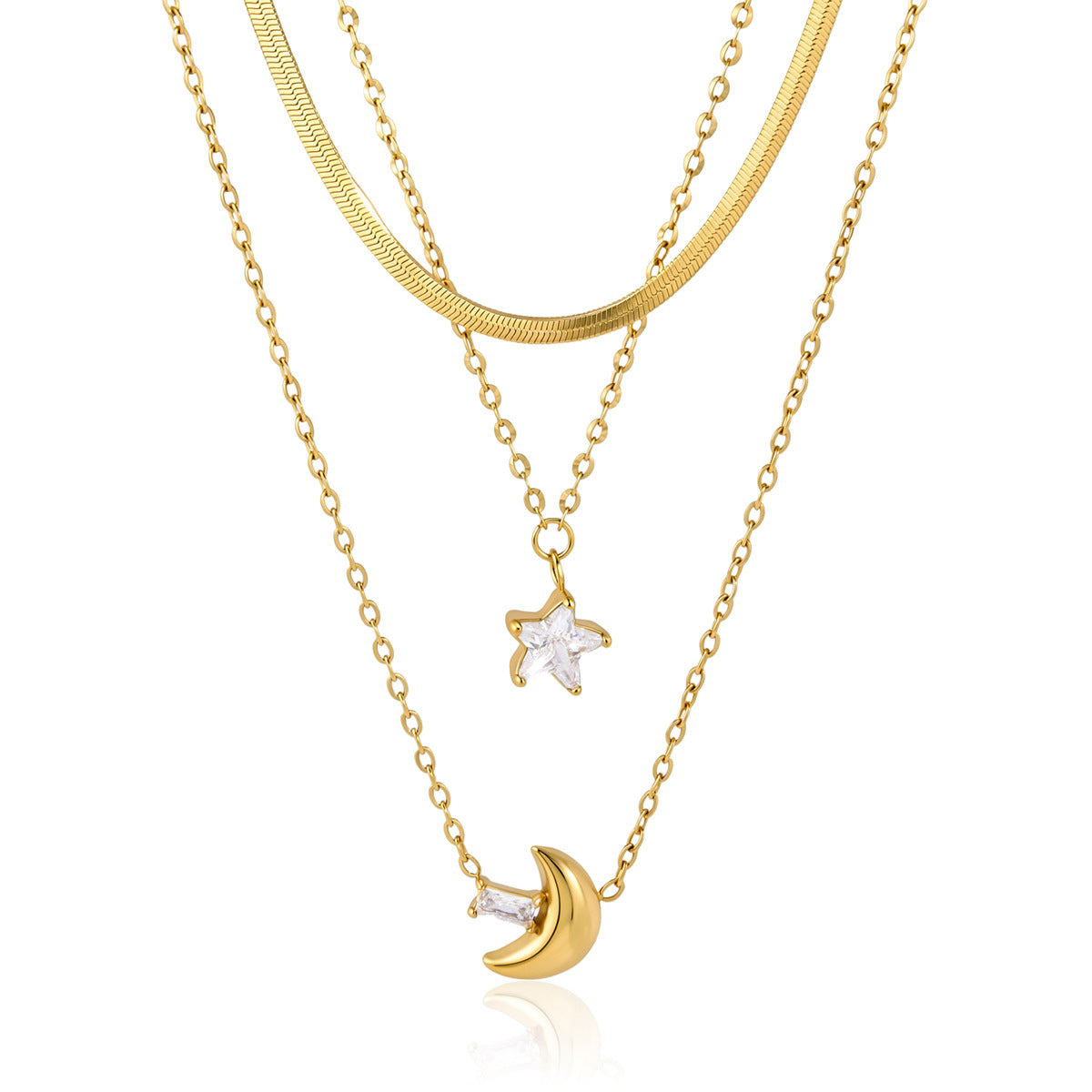 Moon & Star Triple Layer Necklace – 18K Gold PVD Stainless Steel
