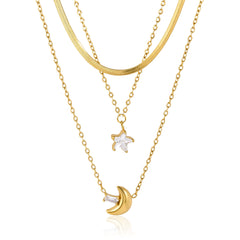 Moon & Star Triple Layer Necklace – 18K Gold PVD Stainless Steel