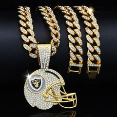 Sports Mini Helmet Pendant Necklace with Iced Out Cuban Chains for Football Fans Christmas Gifts