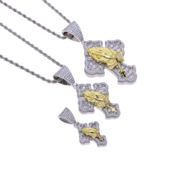 Two-Tone Praying Hands Cross Pendant Necklace – 24" Rope Chain, Micro-Pave CZ, Hip-Hop Style