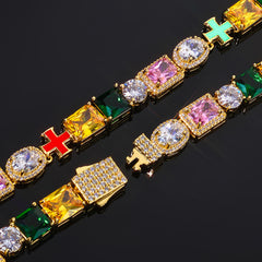 Iced Out Multicolor Gemstone Tennis  Bracelet with Cross Charm