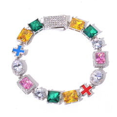 Iced Out Multicolor Gemstone Tennis  Bracelet with Cross Charm