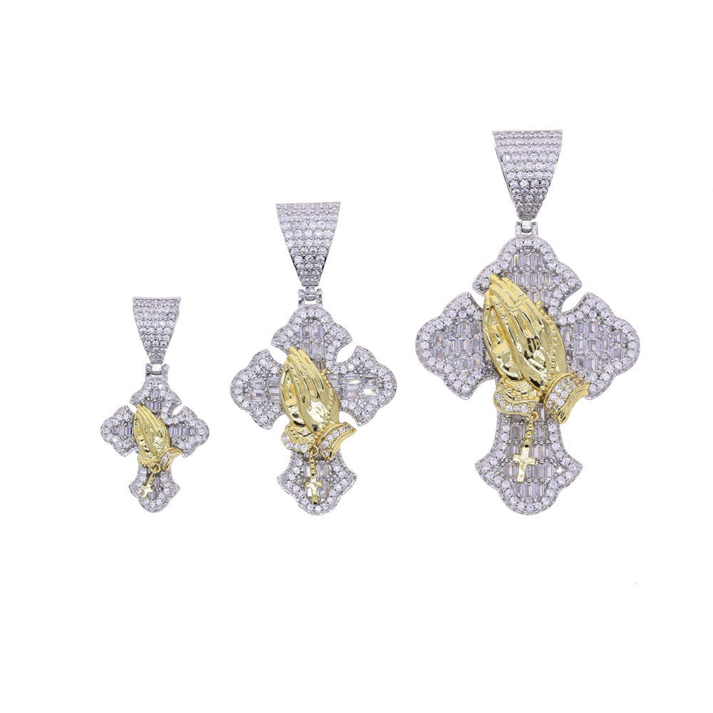 Two-Tone Praying Hands Cross Pendant Necklace – 24" Rope Chain, Micro-Pave CZ, Hip-Hop Style