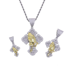 Two-Tone Praying Hands Cross Pendant Necklace – 24" Rope Chain, Micro-Pave CZ, Hip-Hop Style