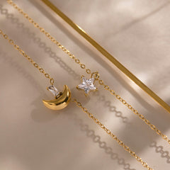 Moon & Star Triple Layer Necklace – 18K Gold PVD Stainless Steel