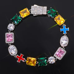 Iced Out Multicolor Gemstone Tennis  Bracelet with Cross Charm