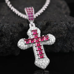 Silver Iced Out CZ Cross Pendant Necklace 22 Inches