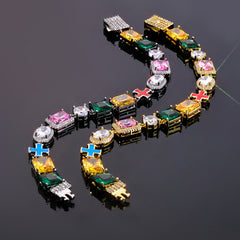 Iced Out Multicolor Gemstone Tennis  Bracelet with Cross Charm
