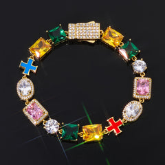Iced Out Multicolor Gemstone Tennis  Bracelet with Cross Charm